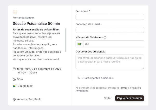 Inserindo dados de contato para a sessão